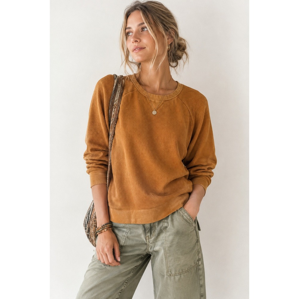 Pact Waffle Knit Sweatshirt Womens L Orange Earthy Organic Cotton Casual Layer